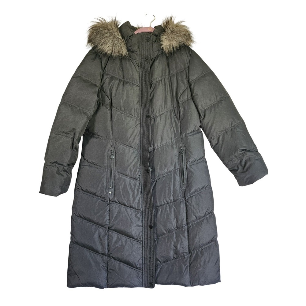 Long Puffer Duck Down Coat Calvin Klein XL Faux Fur Hood Winter Black Quilted